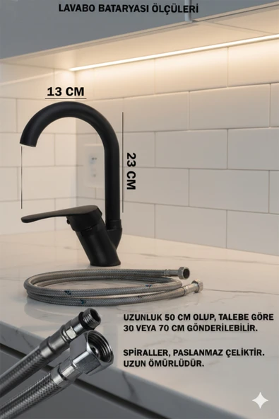 Banyo Lavabo Bataryası ve Robot Duş Takımı Siyah Renk Musluk Armatür Baston Model - Resim 3