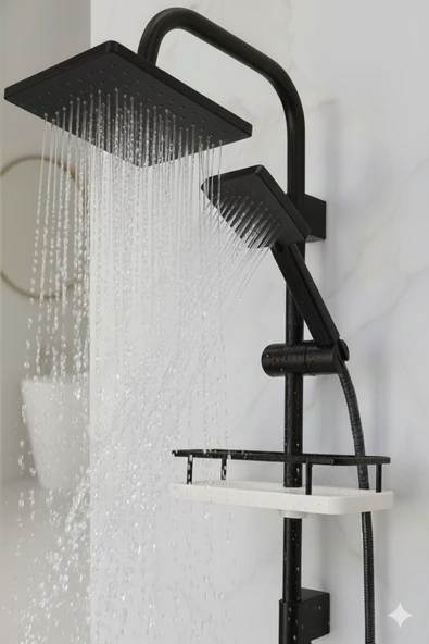 Robot Duş Takımı Siyah Renk Geniş Şampuanlıklı Lüks El ve Tepe Duş Başlığı Spiral Hortum Seti - Resim 3