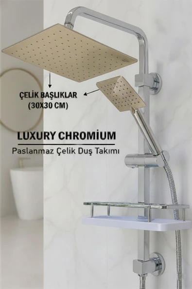 Robot Duş Takımı Paslanmaz Çelik Kare Model Lüks Ağır Tip El ve Tepe Başlığı Spiral Hortum ürün görseli 1