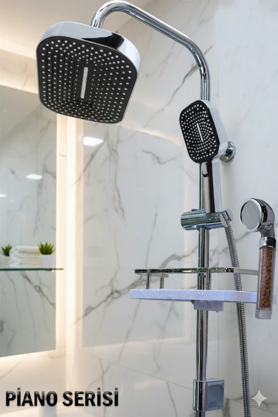 Piano Serisi Geniş Şampuanlıklı Lüks Duş Takımı El ve Tepe Duş Başlığı Spiral Hortum ürün görseli 1