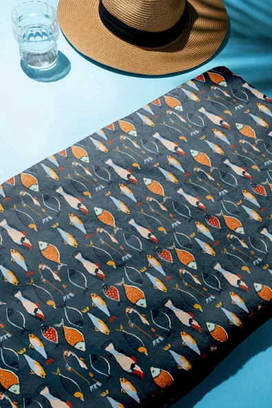 Dijital Baskı Plaj Deniz Havlusu Balık Desenli Peştamal HVL0070 RENKLİ 80 X 160 - Resim 2