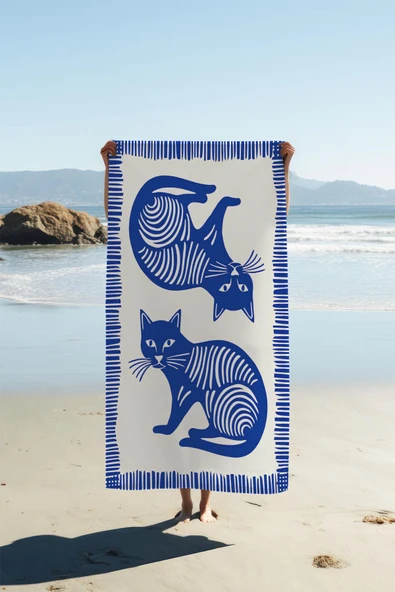 Dijital Baskı Plaj Deniz Havlusu Kedi Desenli Peştamal HVL0129 RENKLİ 80 X 160 ürün görseli 1