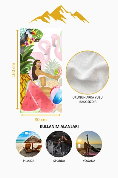 Dijital Baskı Plaj Deniz Havlusu Tropical Desenli Peştamal HVL0168 RENKLİ 80 X 160 - Resim 4