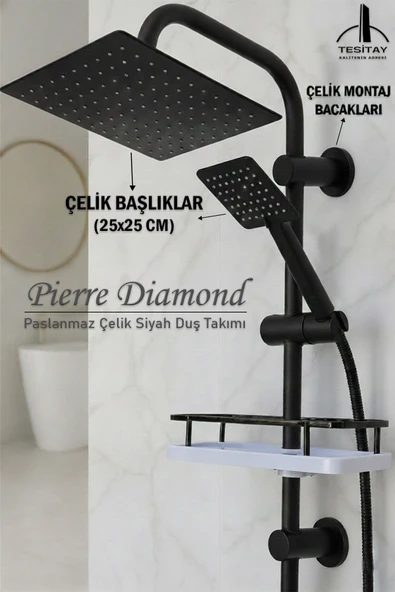 Robot Duş Takımı Siyah Renk Paslanmaz Çelik Başlıklı ve Montaj Bacaklı Lüks El ve Tepe Başlığı Spiral Hortum ürün görseli 1