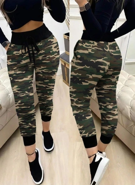 MDB Kadın Yüksek Bel Bağcıklı Desenli Iki Iplik Pantolon ürün görseli 1