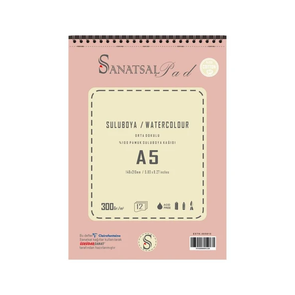 Sanatsal Pad Sulu Boya Resim Defteri A5 300gr 12 Yaprak Spiralli %100 Coton ürün görseli 1