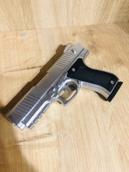 Gümüş Renk Boncuklu Oyuncak Tabanca 1 Adet +1 adet hedef 9 cm +  21 Paket Boncuk - Resim 5