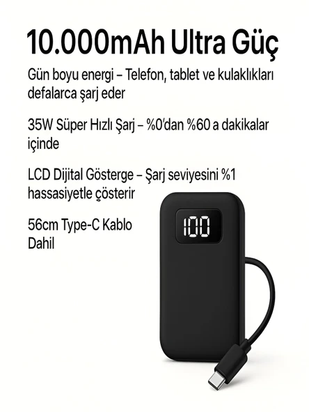 10000mAh LCD Dijital Göstergeli 35W Hızlı Şarjlı Powerbank - 56cm Type-C Kablolu - Resim 3
