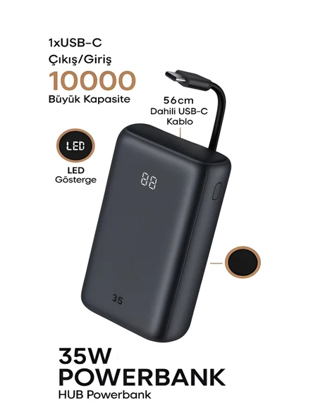 10000mAh LCD Dijital Göstergeli 35W Hızlı Şarjlı Powerbank - 56cm Type-C Kablolu ürün görseli 1