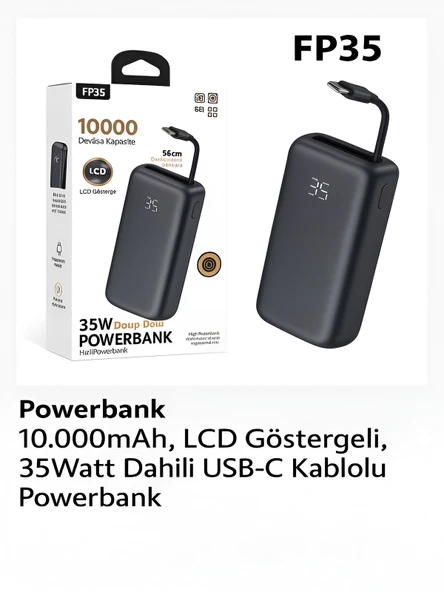 10000mAh LCD Dijital Göstergeli 35W Hızlı Şarjlı Powerbank - 56cm Type-C Kablolu - Resim 6