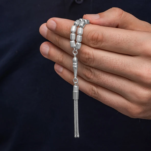 Gümüş Kapsül Kesim Çizgili Erkek Tesbih - Resim 2