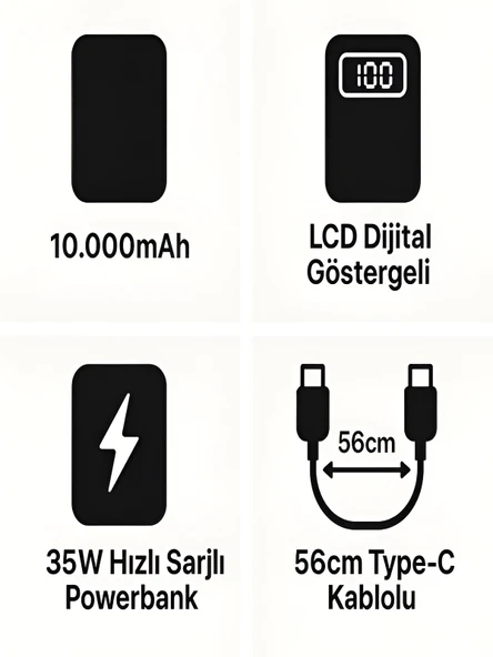 10000mAh LCD Dijital Göstergeli 35W Hızlı Şarjlı Powerbank - 56cm Type-C Kablolu - Resim 2
