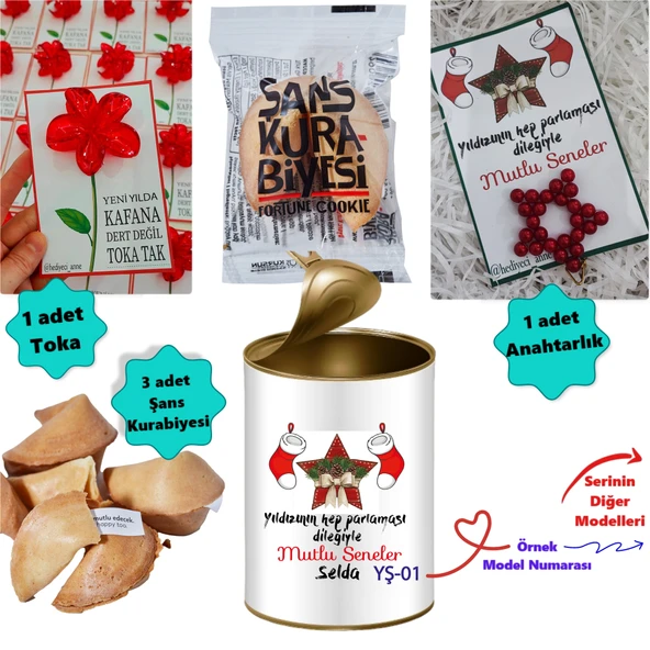 Kişiye Özel Konsept Hediye Kutusu - 3 Adet Şans Kurabiyesi, 1 adet Yıldız Anahtarlık ve Toka Yılbaşı Hediye Seti ürün görseli 1