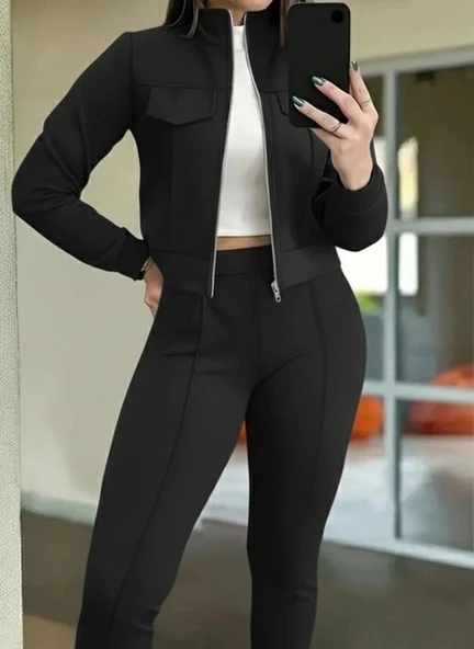 MDB Kadın Uzun Kollu önden Fermuarlı Kısa Modal Ceket Ve Pantolon Ikili Takım - Resim 2