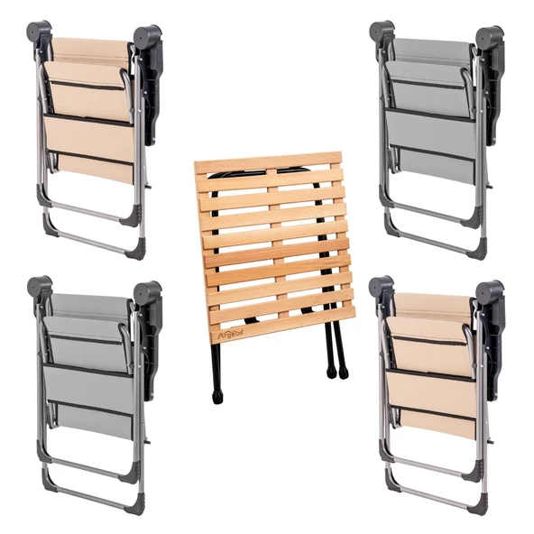 4 Adet Katlanır Kamp Sandalyesi ve Masa Seti - Rock - Kül Gri / Bej - Bardaklıklı - 140 KG - Resim 2