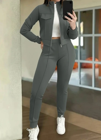 MDB Kadın Uzun Kollu önden Fermuarlı Kısa Modal Ceket Ve Pantolon Ikili Takım ürün görseli 1