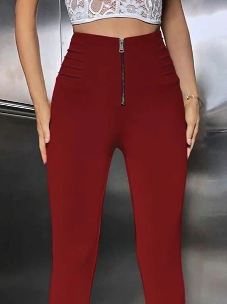 MDB Kadın Yüksek Belli önden Fermuar Ve Nervur Detaylı Dalgıç Tayt - Resim 2