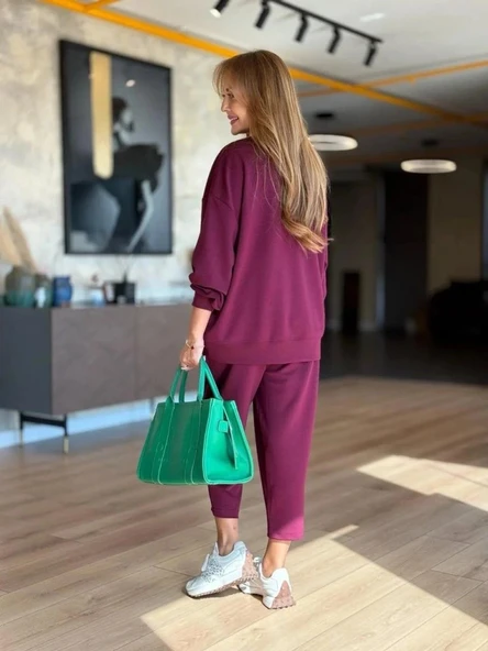 MDB Kadın Uzun Kollu Bisiklet Yaka Viskon Iki Iplik Mor Bluz Ve Pantolon Ikili Takım - Resim 2