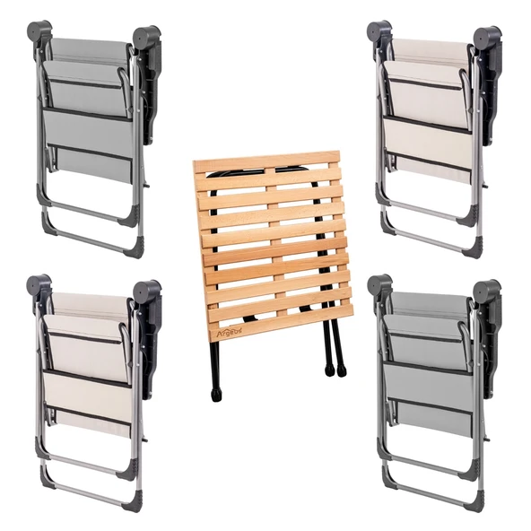 4 Adet Katlanır Kamp Sandalyesi ve Masa Seti - Rock - Kül Gri / Kestane - Bardaklıklı - 140 KG - Resim 2