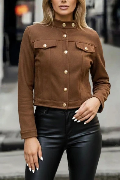 MDB Kadın Uzun Kollu Yakadan Ve önden Düğmeli Süet Kısa Ceket ürün görseli 1