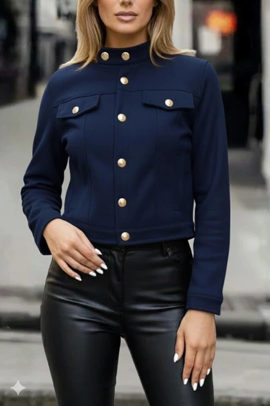 MDB Kadın Uzun Kollu Yakadan Ve önden Düğmeli Süet Kısa Ceket - Resim 3