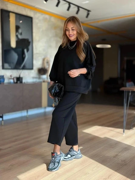 MDB Kadın Uzun Kollu Bisiklet Yaka Viskon Iki Iplik Bluz Ve Pantolon Ikili Takım - Resim 3