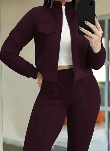 MDB Kadın Uzun Kollu önden Fermuarlı Kısa Modal Mor Ceket Ve Pantolon Ikili Takım - Resim 2