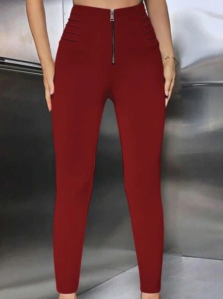 MDB Kadın Yüksek Belli önden Fermuar Ve Nervur Detaylı Dalgıç Tayt - Resim 3