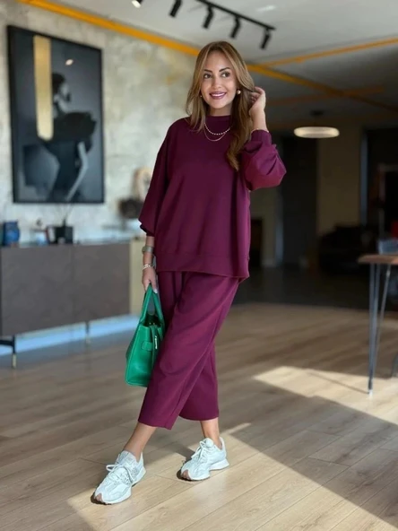 MDB Kadın Uzun Kollu Bisiklet Yaka Viskon Iki Iplik Mor Bluz Ve Pantolon Ikili Takım - Resim 4