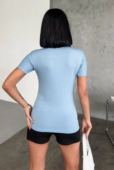 Rahat Ve Şık Kısa Kollu Bisiklet Yaka Likralı Viskon Penye Body Bebe Mavisi - Resim 3