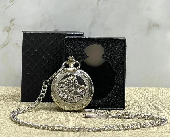 Özel Kutulu Tren Temali Gümüş Köstekli Saat Alk4675 ürün görseli 1