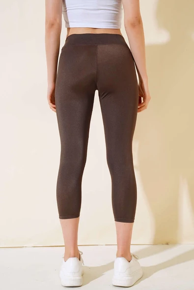 Esnek Yüksek Bel Kahverengi Uzun Parlak Disco Tayt - Resim 4