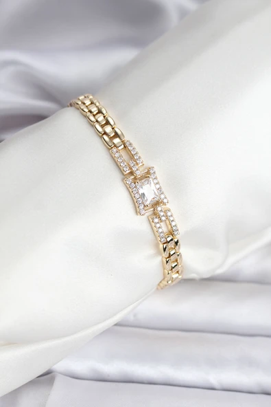 14K Gold Renk Kaplama Zirkon Kare Taşlı CM Kadın Bileklik - TJ-BB8118 ürün görseli 1