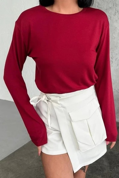 Rahat Ve Şık Uzun Kollu Bisiklet Yaka Likralı Viskon Penye Body Bordo - Resim 2