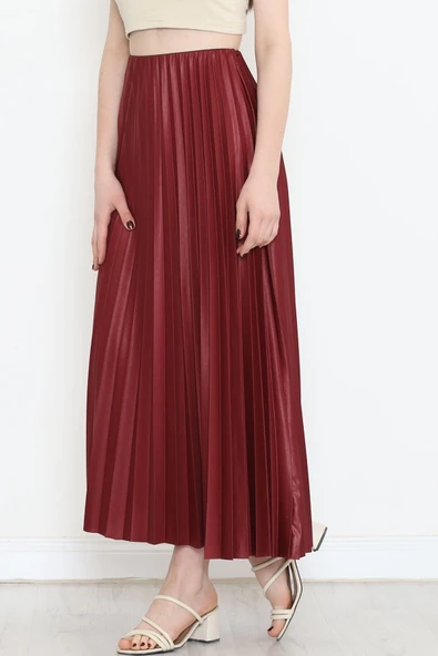 Zarif Ve Modern Pileli Parlak Krep Gizli Lastikli Bordo Etek - Resim 6