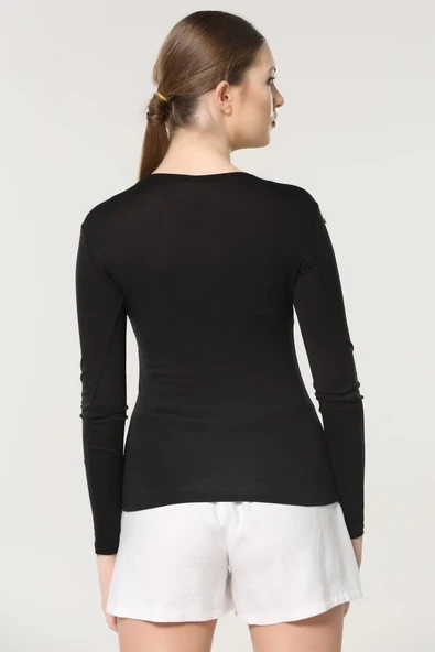 Rahat Ve Şık Uzun Kollu Bisiklet Yaka Likralı Viskon Penye Body Siyah - Resim 7