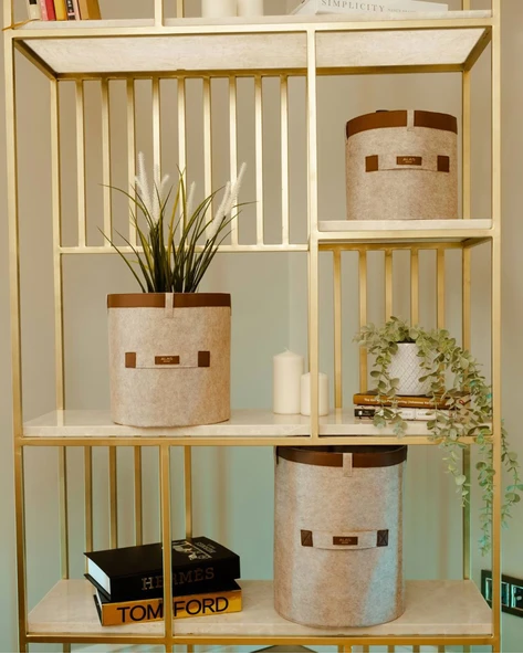 Deri Şeritli Yuvarlak Çok Amaçlı Düzenleyici Organizer Kutu Keçe Sepet (3'lü Set) ürün görseli 1