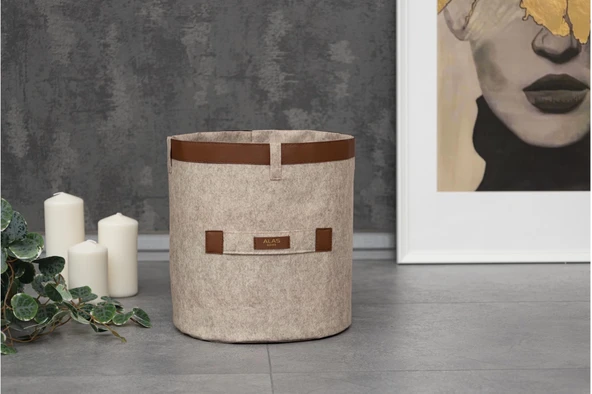 Deri Şeritli Yuvarlak Çok Amaçlı Düzenleyici Organizer Kutu Keçe Sepet (maxi) 03815 - Resim 6