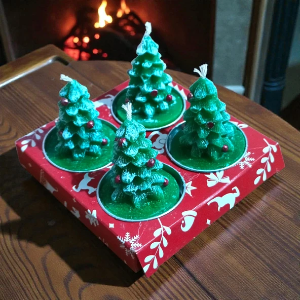 4 ADET ÖZEL TASARIM YILBAŞI AĞACI MUMU GERÇEK MUM YEŞİL ÇAM AĞAÇLI MUM YILBAŞI AĞACI MUMU DEKOR MUM ürün görseli 1