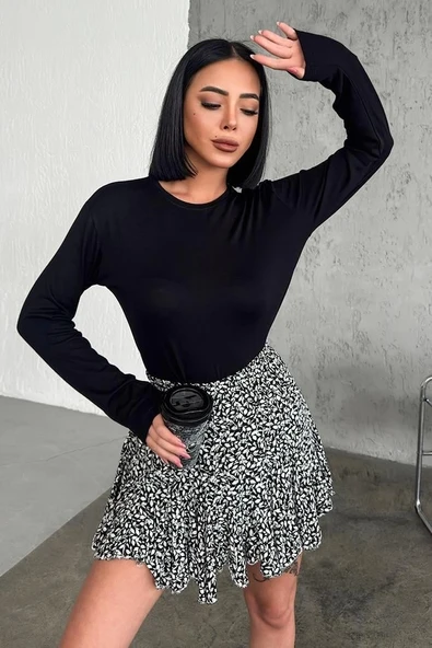 Rahat Ve Şık Uzun Kollu Bisiklet Yaka Likralı Viskon Penye Body Siyah - Resim 5