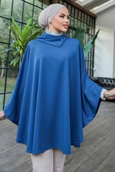 Düğme Detaylı Şık Tasarımlı Mavi Şal Yaka Panço - Resim 3