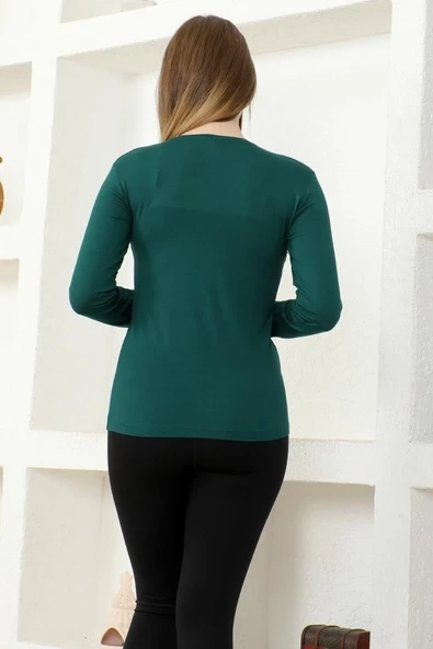 Rahat Ve Şık Uzun Kollu Bisiklet Yaka Likralı Viskon Penye Body Zümrüt Yeşili - Resim 4