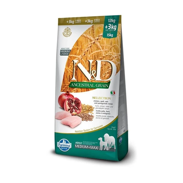 Nd ancestral grain medium maxi adult selection 12+3kg düşük tahıllı tavuklu narlı köpek maması ürün görseli 1