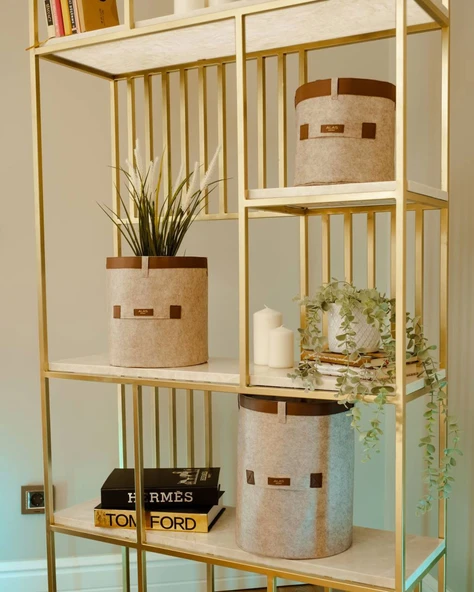 Deri Şeritli Yuvarlak Çok Amaçlı Düzenleyici Organizer Kutu Keçe Sepet (3'lü Set) - Resim 2