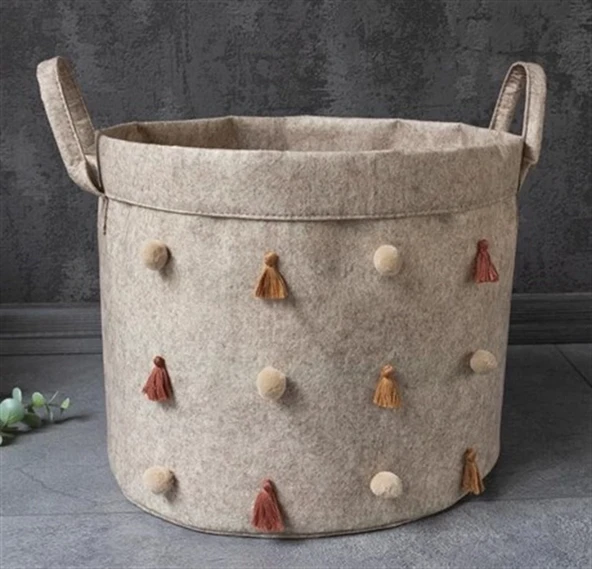 Katlanabilir Çok Amaçlı Ponponlu Yuvarlak Düzenleyici Saklama Kutusu Organizer Keçe (maxi Boy) - 03778 ürün görseli 1