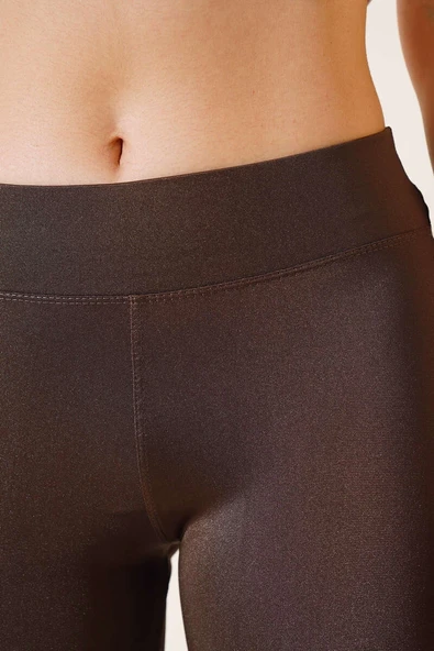 Esnek Yüksek Bel Kahverengi Uzun Parlak Disco Tayt - Resim 3