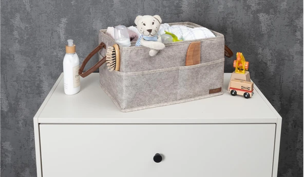 3 Gözlü Deri Şeritli Çok Amaçlı Düzenleyici Organizer Kutu Keçe Sepet 03860 - Resim 4