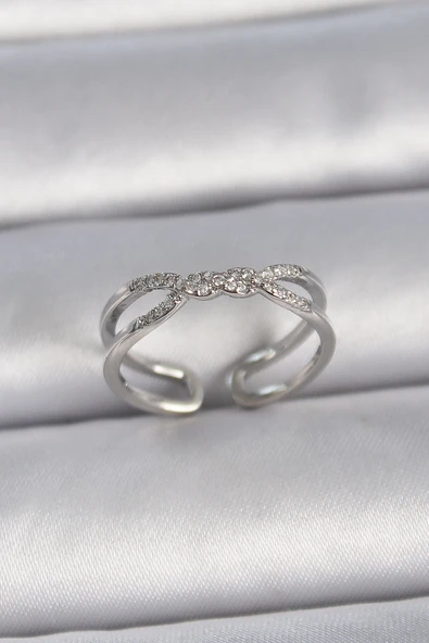 Pirinç Gümüş Renk Ayarlanabilir Zirkon Taşlı Sarmal Model Kadın Yüzük ürün görseli 1