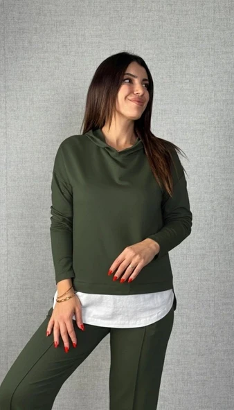 MDB Kadın Uzun Kollu Kapşonlu Bağcıklı Viskon Iki Iplik Bluz Ve Pantolon Ikili Takım - Resim 3