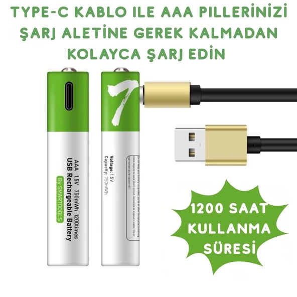 Usb Type-c Şarjlı 4 Adet Aaa 1.5v Lityum Kalem Pil 750mah Uzun Ömürlü - Resim 2